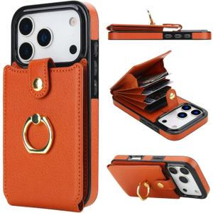 Folosu Compatible with iPhone 17 Pro Case Wallet with Card Holder, 360Rotation Finger Ring Holder Kickstand, RFID Blocking Leather Protective Double Buttons Shockproof Cover 6.3 Inch Brown
