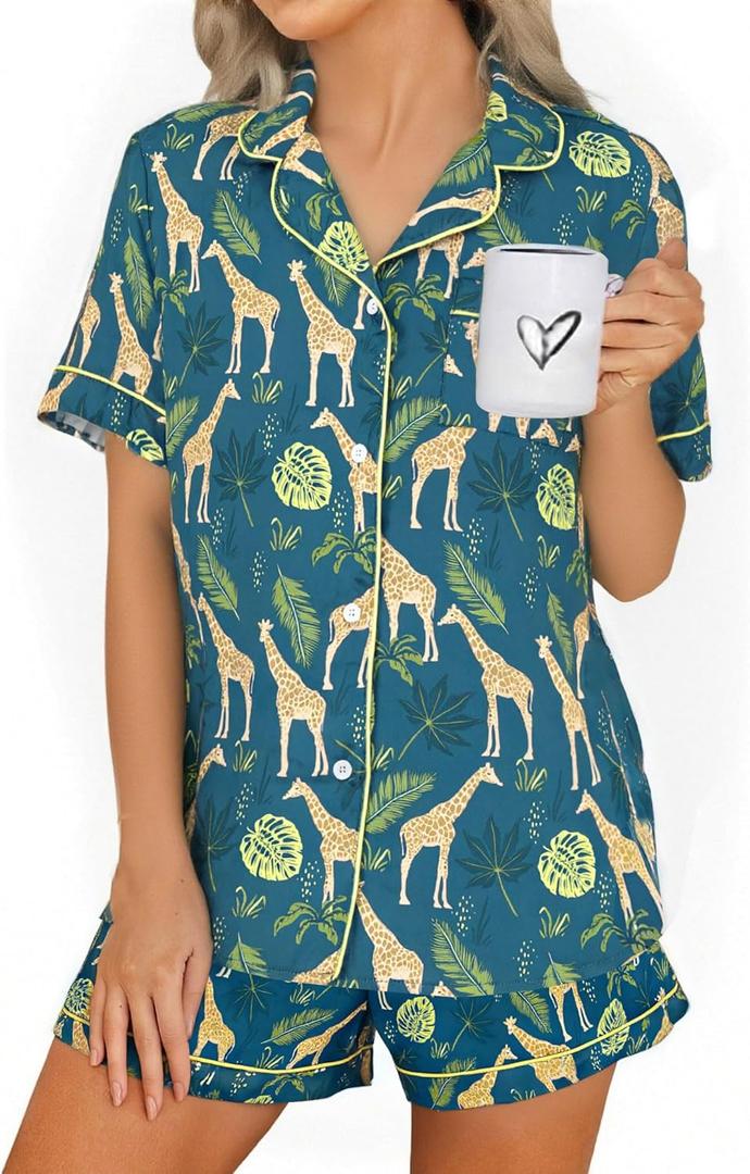 Pajamas for Women Set Short Sleeve Animal Graphic Pajamas Cute Printed Pajama Sets Button Down Pjs Sleepwear (Large)