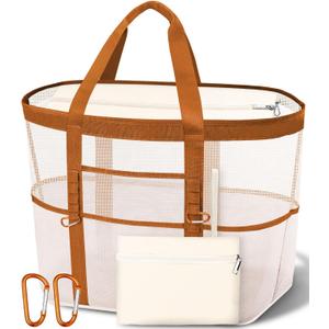 2026 Stylish & Spacious XX-Large Beach Bag for Women Mesh Canvas Tote with Top Zipper, 11 Tall Pockets | 40L+ Spacious, 11 Tall Pockets, Zipper Pouch, Secure Zip-Top, Sand-Resistant Base