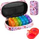 Serfeymi Weekly Travel Pill Organizer 2 Times A Day AM PM Upgraded Rainbow Pill Box 7 Day with Portable Zipper Canvas Pill Case, Medicine Organizer for Pills, Vitamins, Fish Oils - Pink 01