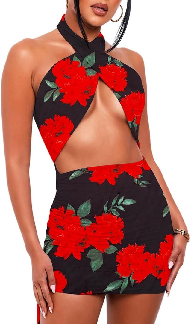 BYDIVA Women Sexy Club Halter Criss Cross Hollow Out Ruched Sleeveless Mini Bodycon Dresses (Small, Rose Floral)