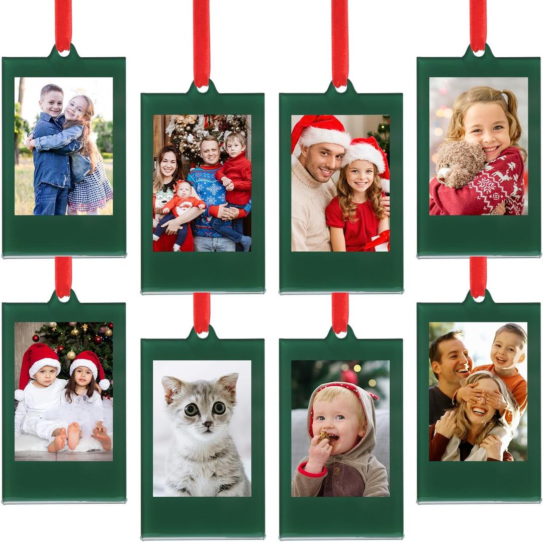 UNIQOOO 8 Pcs Christmas Instax Green Acrylic Picture Frames 8.6 * 5.4cm Polaroid Picture Ornaments, Blank Double-Sided Picture Frames for Polaroid Film, Hanging Photo Ornaments for Xmas Tree (8Pcs 3.4*2.1 inch)