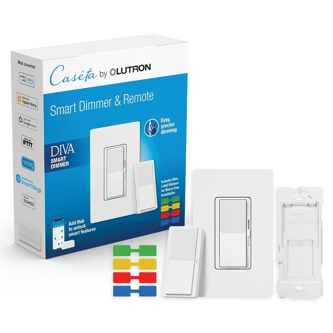 Lutron Diva Smart Dimmer Light Switch 3-Way Kit for Caseta Smart Lighting, w/Plate, Pico Remote, Wallmount Bracket, and Label Stickers, No Neutral Required, DVRF-PKG1D-WH