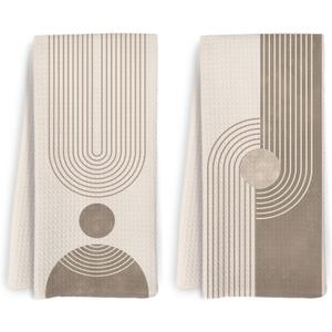 Neutral Beige Boho Sun Abstract Kitchen Towels and Dishcloths Set of 2, Mid Century Modern Dish Towels, Bohemian Abstract Decorative Hand Tea Towel for Bathroom Kitchen, 16x24 Inch
