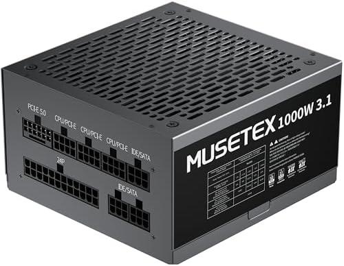MUSETEX PC Power Supply 1000W, Full Modular ATX Power Supply, ATX 3.1 & PCIE 5.0 Gaming Power Supply, 105°C-Main Capacitors, With 12V-2x6 Cable, 140mm Ultra Quiet Cooling Fan, PC PSU, (Black) (MU1000)