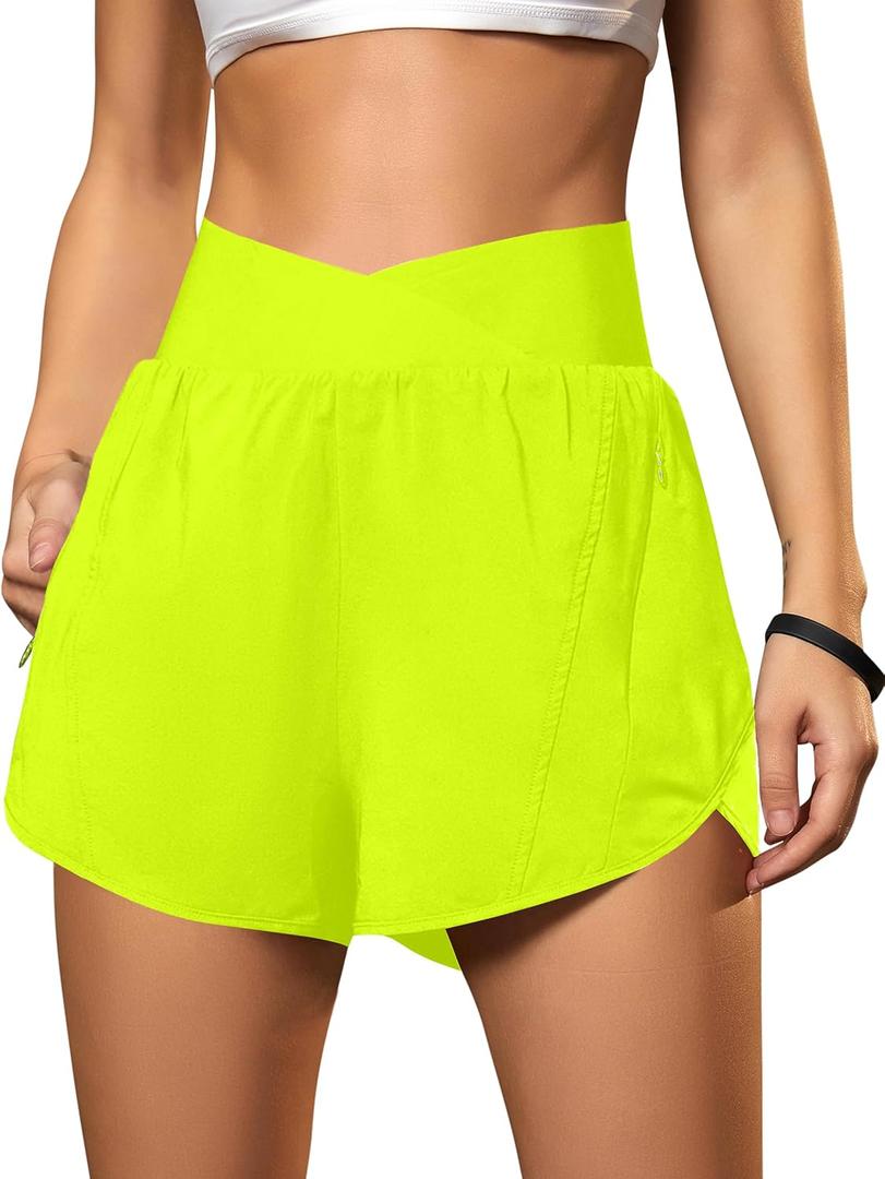 Blooming Jelly Women's Workout Shorts Athletic Running Shorts Crossover High Waisted Gym Shorts with Zipper Pockets (Medium, Neon Green)