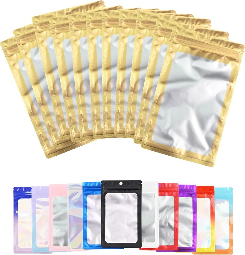 100 Pack Resealable Plastic Bags for Food Storage, Zipper Bags with Clear Front Window, Packaging Pouch for Small Business (Gold, 4.7x7.9 inch)