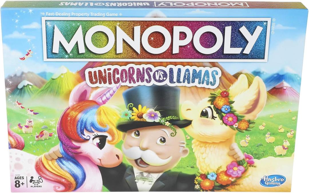 Monopoly Unicorns vs. Llamas Board Game for Ages 8 and up, Play on Team Unicorn or Team Llama