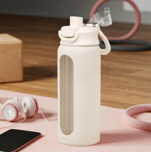 Glass Water Bottle with Silicone Sleeve 24oz with Lid, Motivational Time Marker, Drinking Hydration Glass Bottles for Men Women, Gym Travel Sports (Cream)