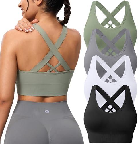 Evercute Sports Bra for Women Padded Medium Support Criss Cross Strappy Bras Seamless High Impact Yoga Exercise Athletic Bras L