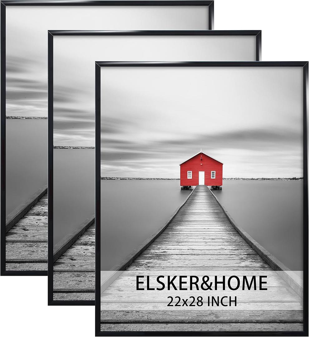 ELSKER&HOME 22x28 Frame, Poster Picture Frames 3 Pack Black for Horizontal or Vertical Wall Mounting, Sturdy and Scratch-proof