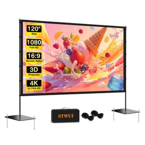 STWUI Outdoor-Projector-Screen-with-Stand - 120 inch Portable Projection Screen Indoor Outdoor Projector Screens 16:9 4K HD Lightweight Movie Screen with Carry Bag for Backyard Movie Night