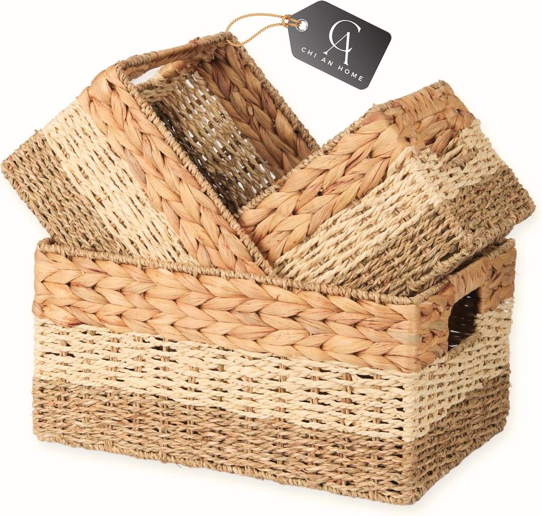 CHI AN HOME Wicker Storage Baskets, Set of 3 Water Hyacinth Storage Baskets For Organizing, Storage Bins Container for Shelves, Woven Pantry Baskets, 3-Pack, Natural, Built-in Carry Handles