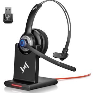 JIAMQISHI Bluetooth Headset - Wireless Headset with Noise Cancelling Microphone, V5.2 Computer Headphones with USB Dongle, Charging Base & Mic Mute for Work/Call Center/PC/Laptop/Online Class/Zoom