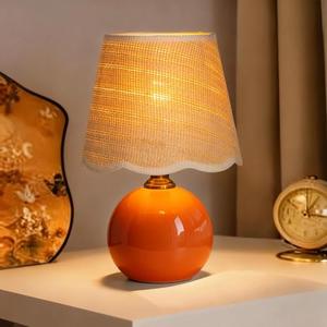 URLIGHTS 11.4" Orange Ceramic Small Table Lamp, Scalloped Fabric Shade Bedside Light, 3-Color Dimmable LED Nightstand Lamp for Bedroom, Living Room, Aesthetic Retro Room Decor, Bulb Included