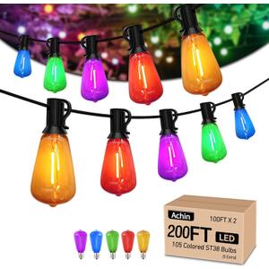 Achin Multicolor Outdoor String Lights 200FT(100ft*2), Colored Patio Lights Waterproof with 100+5 ST38 Vintage LED Bulbs Shatterproof, Rainbow String Lights for Outside Yard, Party, Christmas