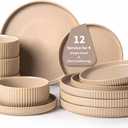FOBENTA Dinnerware Sets for 4,Microwave Safe Plates and Bowls Sets,12 Piece Dylan Dish Set,Reactive Glaze Stoneware Dinnerware Set (Matte Reactive Khaki Beige, Service for 4 (12pcs))