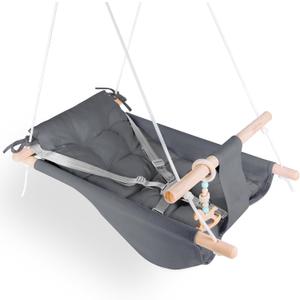 Baby Swing Indoor and Outdoor, Canvas Hammock Swing for Baby to Toddler with a Comfortable Seat, Macaroon Wooden Toy, Adjustable 5-Point Harness,Gift for Baby Boys Girls, 3 Modes, Dark Grey
