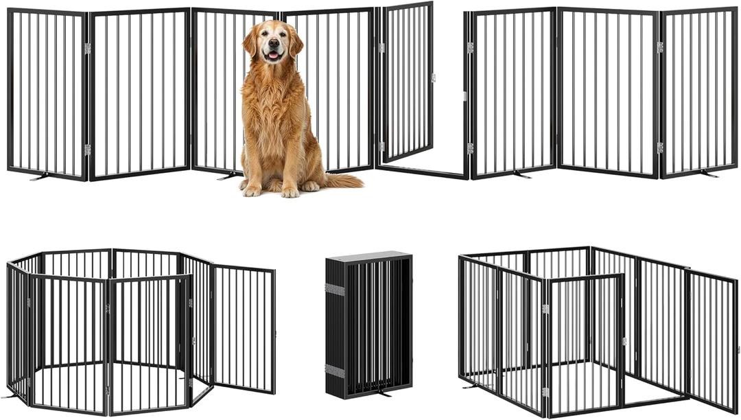 Vantas Folding No-Assembly Metal Pet Gate 160" Wide, 32" Extra Tall Dog Gate with Door Walk Through, Freestanding Accordion Puppy Gate Dog Door for Indoor & Outdoor, with 4PCS Support - Black, 