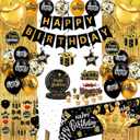Black and Gold Birthday Decorations - Party Supplies Kit with Tablecloth, Paper Plates, Photo Props, Crown Foil Balloon, Fringe Curtains, Cake Toppers and Banner for Men Women 18th 21st 30th 40th 50th