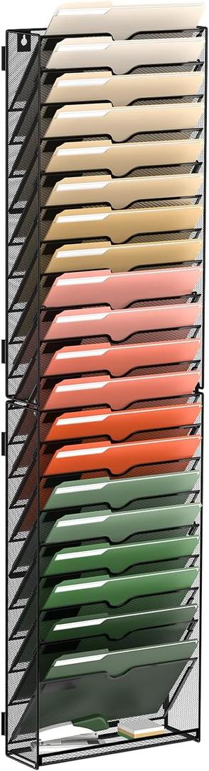 SUPEASY 21 Tier Wall File Organizer, Hanging Wall Mounted Mail Organizer with Label Slots, Metal Mesh File Holder Magazine Rack for Office, Home, School or Classroom, Black