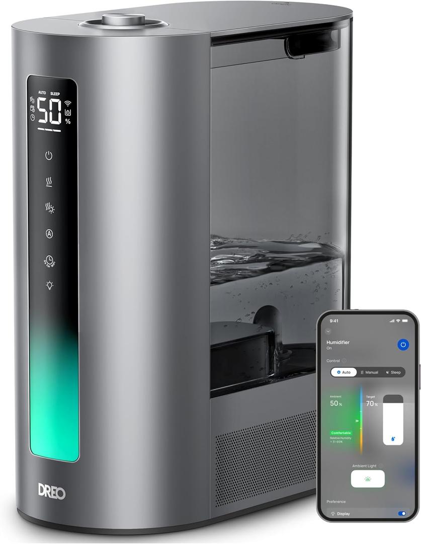 DREO 6L Smart Humidifiers for Bedroom, Warm & Cool Mist for Large Room
60-Hour Quiet Runtime, 500ML/H Output, Smart Humidity Sensor, Indicator Light, App Control, Works with Alexa & Google, Silver