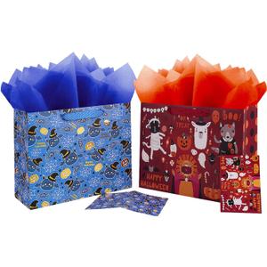 JWSCYSY 2Pack 12.6" Large Happy Halloween Bags with Card and Tissue Paper, Trick or Treat Paper Gift Bags for Kids Holloween Party Favor. (Blue Red)