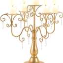 LANLONG 15.3in Gold Candelabra Centerpieces for Tables, 5 Arm Crystal Candelabra for Pillar Candles, Metal Candelabra Candle Holders for Wedding Centerpiece Decor Party Event Reception Decoration