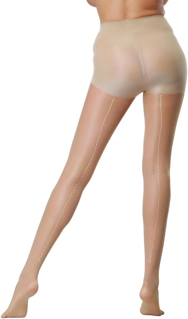 LUCKELF Women's Sexy Sparkle Rhinestone Pantyhose With Golden Silk Tights Sheer Opaque (W02-back Seam-nude)