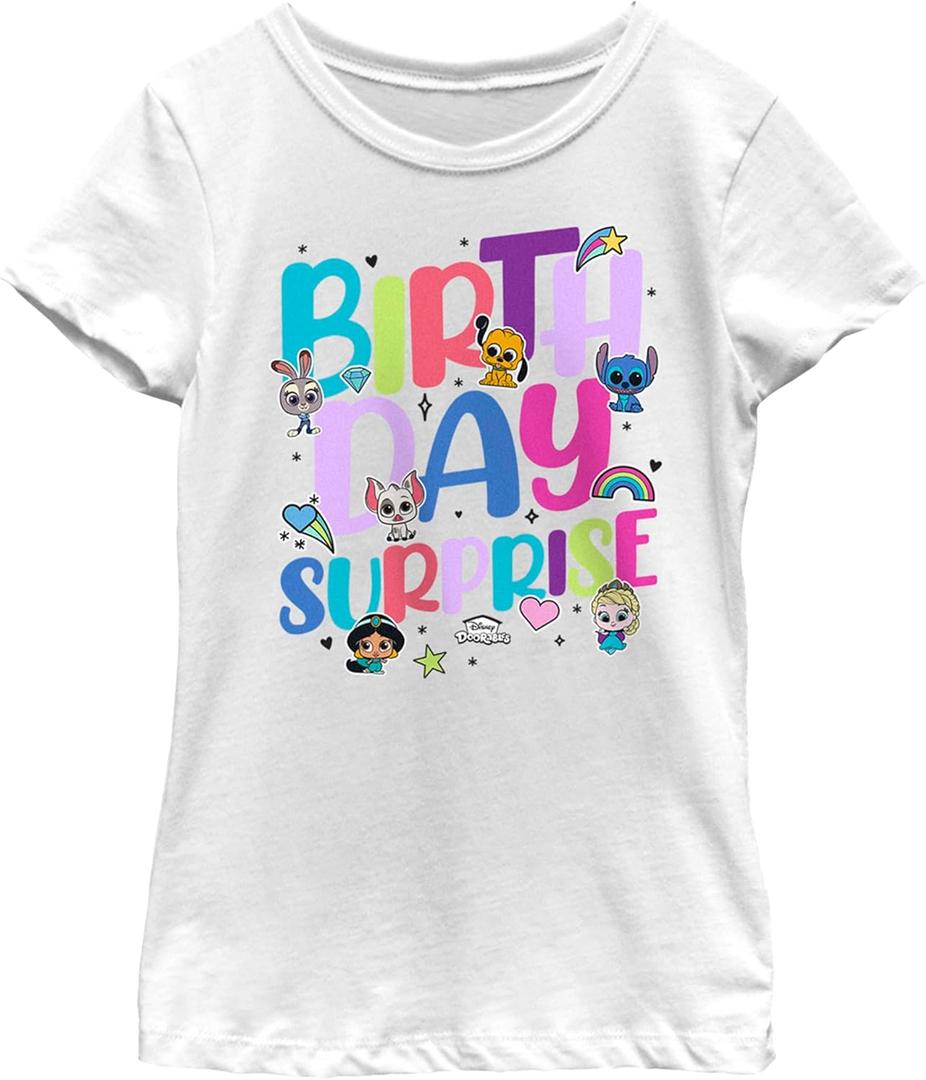 Disney Doorables Birthday Surprise Girls Short Sleeve Tee Shirt (Large, White)
