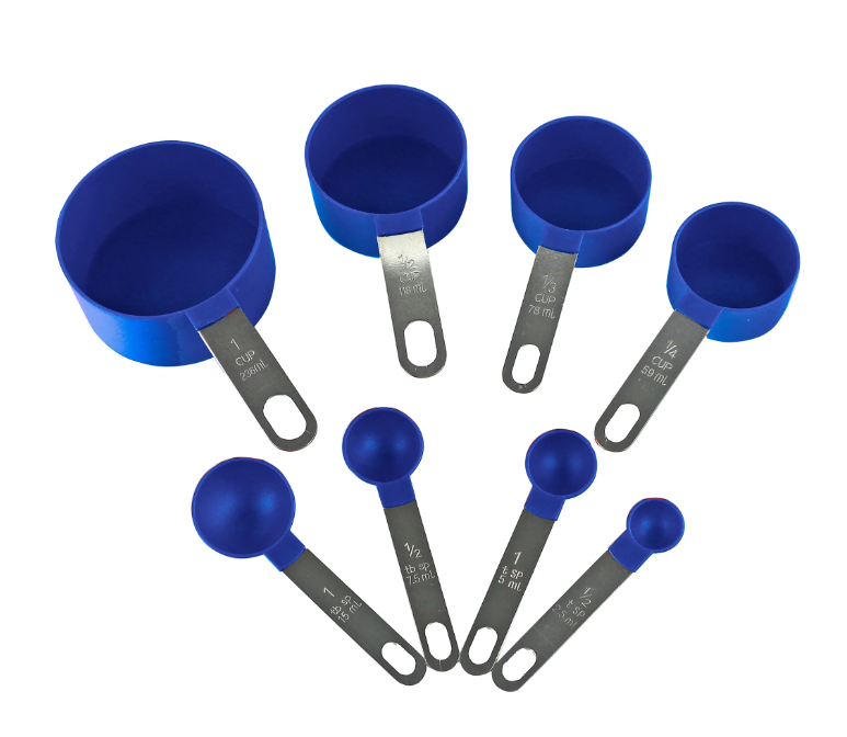 Reston Lloyd 8pc Measuring Cups & Spoons for Dry & Liquid Ingredients, Food Grade Plastic with Stainless Steel Handles, Indigo