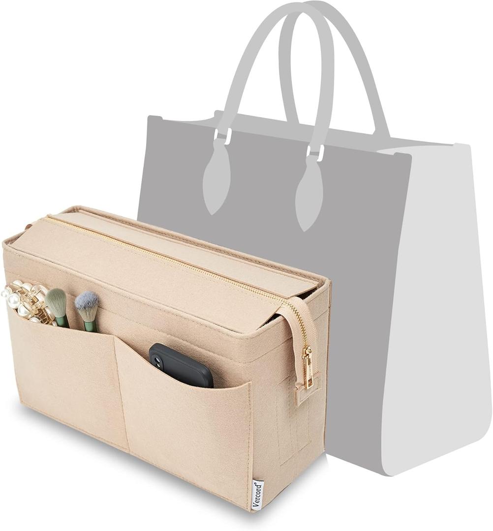 Vercord Felt Purse Organizer Insert Onthego 35 Handbag Tote Bag Organizer Bag in Bag with Removable Zipper (beige)