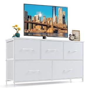 5-Drawer Dresser for Bedroom, Anti-Tip Wide Storage Organizer Fabric | Chest of Drawers TV Stand for 45" TV with Wooden Top and Metal Frame for Closet, Living Room, Hallway, Entryway, White