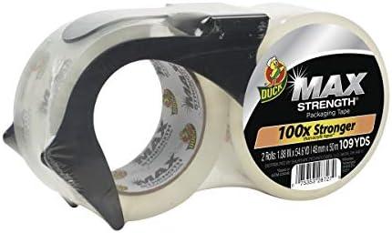Duck Max Strength Clear Packing Tape with Refillable Dispenser – 2 Rolls of Maximum Strength Heavy Duty Packaging Tape for Shipping & Moving Boxes - 1.88 Inch x 54.6 Yards - Clear (284986)
