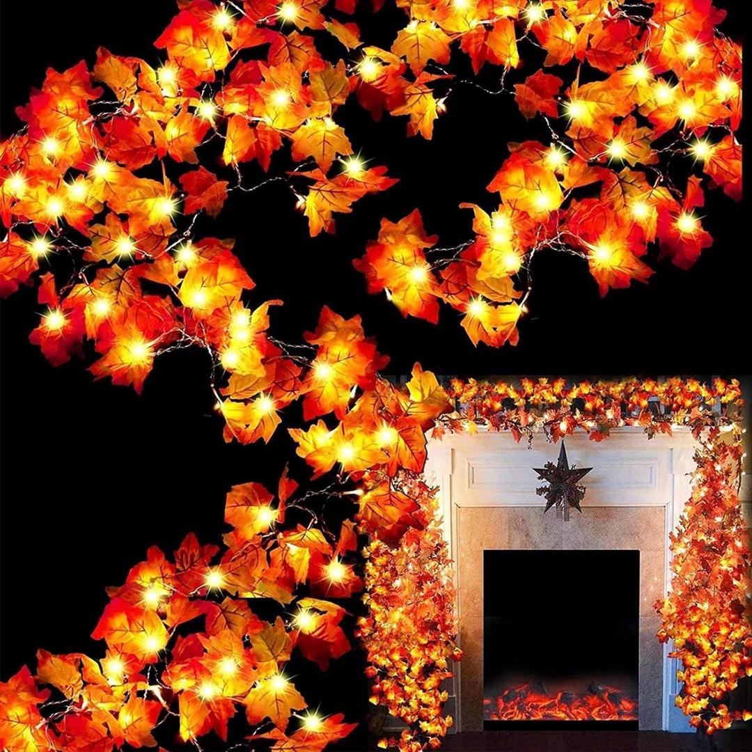 TURNMEON 6 Pack Thanksgiving Decorations Enlarged Maple Leaf Thanksgiving Decor Fall Lights Thick Leaf Garlands, Total 60Ft/120LED Lights Battery Operated Waterproof Halloween Fall Decor Home