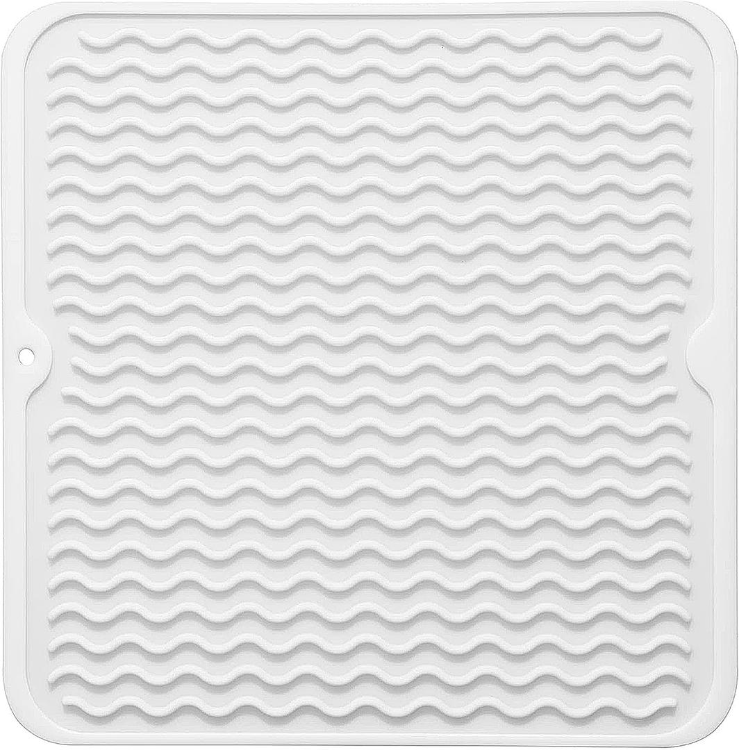 Silicone Dish Drying Mat for Multiple Usage, Easy clean, Eco-friendly, Heat-resistant Dish Drainer Mat for Kitchen Counter,Sink,Refrigerator or Drawer liner (12" x 12", White)