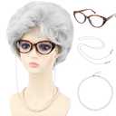 White Old Lady Costume Wig for Women with Glasses Chain Necklace - Short Curly Grandma Wigs for Older Women Granny Outfit - Perfect for 100th Day of School Costume & Parties (Silver White) (Adult Size)
