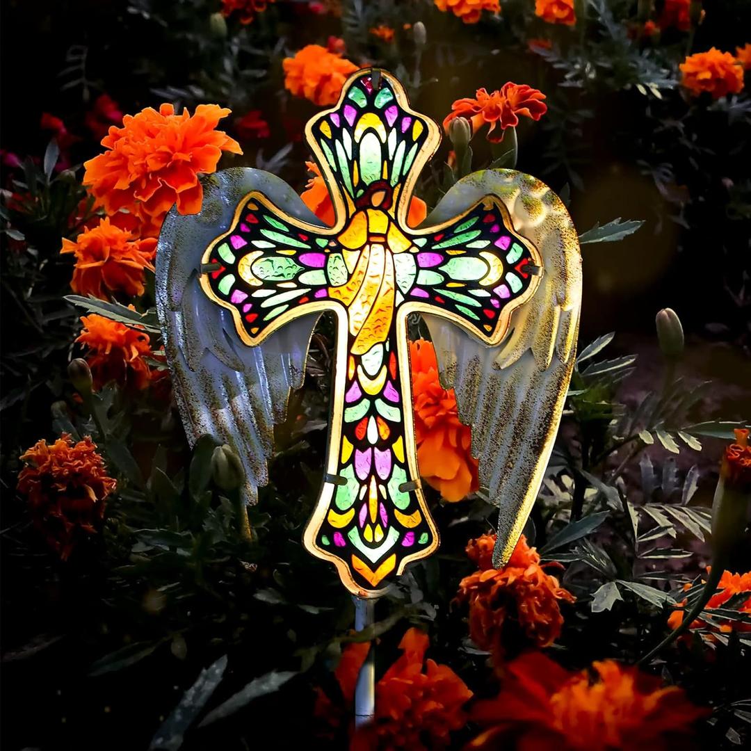 YJFWAL Solar Glass Cross Garden Stake Light, Cemetery Decorations for Grave Outdoor Lights, Easter Jesus Cross Angel Wings Sympathy Memorial Gifts, for Garden Lawn Yard Patio Decor