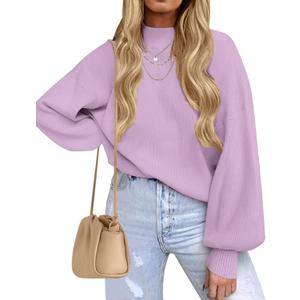 ZESICA Women's Casual Turtleneck Long Lantern Sleeve Fall 2026 Oversized Ribbed Knit Pullover Sweater Jumper Top (X-Large, Purple)