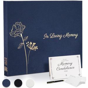 Funeral Guest Book for Memorial Service - with Pen, Cards, Table Sign & Back Pocket, Guests Sign in Book in Loving Memory | Celebration of Life Memorial Service Guest Book, Navy Blue Linen Cover