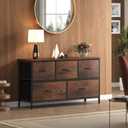 OLIXIS 5 Drawer Dresser for Bedroom, Closet Chest Organizer Furniture, TV Stand for Living Room Hallway, Wide Fabric Storage Tower with Wooden Top and Metal Frame, Brown
