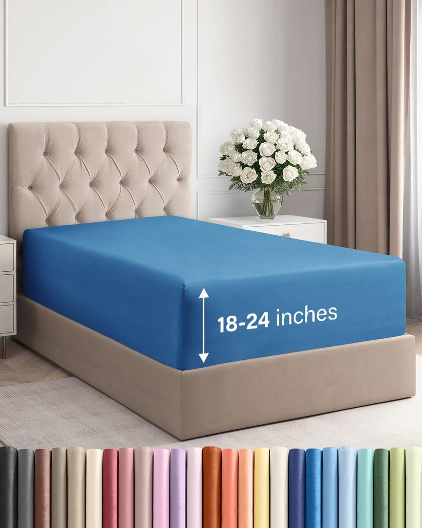 Extra Deep Twin XL Fitted Sheet - Hotel Luxury Single Fitted Sheet Only - Easily Fits 18 inch to 24 inch Mattress - Ultra Soft, Wrinkle Free with Extra Deep Pockets - Breathable & Comfy - Royal Blue