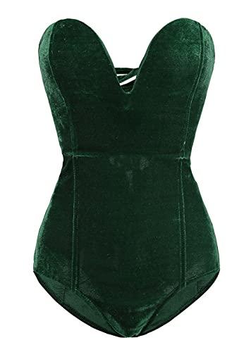 CHARTOU Women's Sexy Velvet Back Lace Up One Piece Romper Bodysuit (Medium, Green)