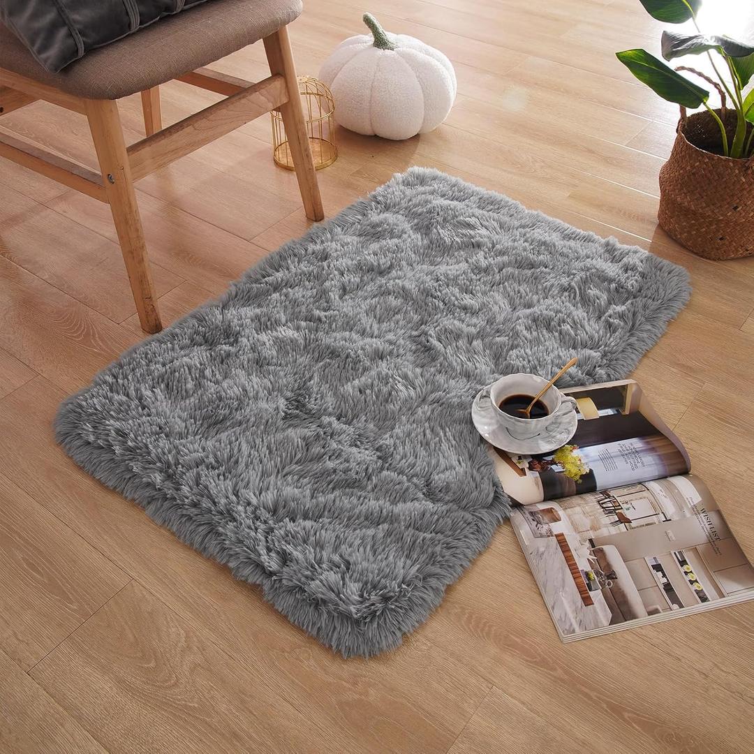 Small Bedside Rug, 2x3 Non Slip Fluffy Shaggy Entryway Throw Rugs for Bedroom Living Room, Indoor Floor Carpet for Kids Girls and Boys, Nursery Rooms Mat, Home Decor Aesthetic, Light Grey