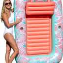 Aqua Inflatable Tanning Pool Lounger – Large (71 x 48 in) – Premium Pool Float with Cupholders and Removeable Pillow for Relaxation and Fun, Pink Flower Coral