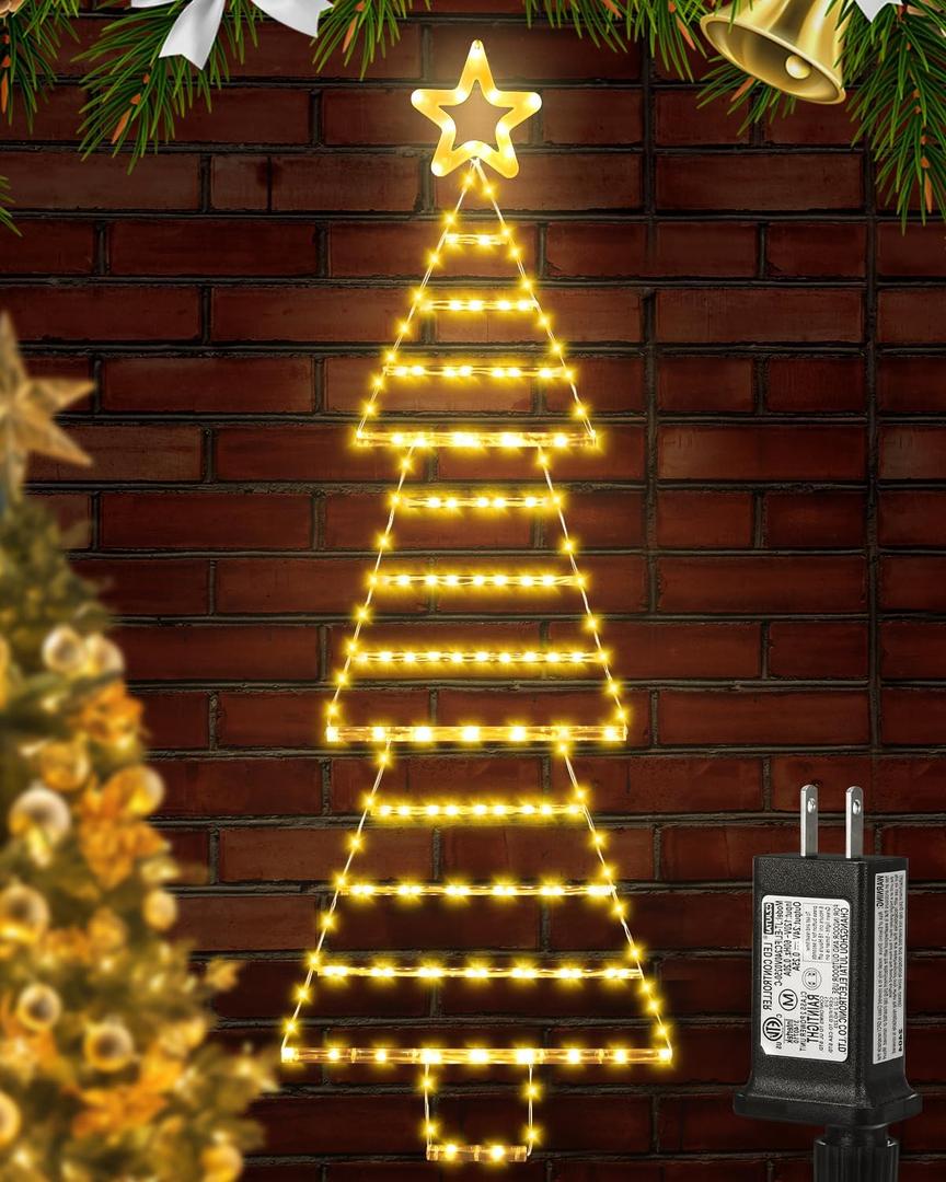 LED Christmas Lights Outdoor,4.6ft 189 LED Christmas Tree Ladder Light with Star Topper 8 Modes Christmas Decorations Lights for Indoor Outdoor, Window, Garden, Home, Wall, Xmas Tree Decor-Warm White