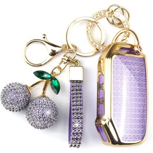 Sparkly Key Fob Cover with Cherry Keychain, Bling TPU Smart Key Case for Women, Compatible with Kia Cadenza Forte K5 NIRO Rio Seltos Sorento Soul Telluride (5-Button, Gold Purple)