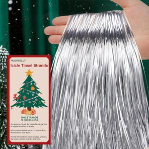 Tinsel Icicles- 5000 Strands 19" Icicle Tinsel Strands for Christmas Tree- Shiny Foil Fringes Tinsel Christmas Tree Decorations for Xmas Tree Holiday Decor Birthday Wedding Party Supplies, Silver