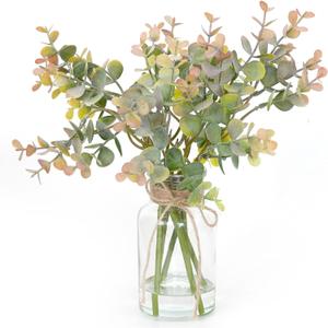 Artificial Eucalyptus Stems in Glass Vase with Faux Water,6Pcs Grey-Orange Fake Plant for Centerpiece (Grey-Orange Eucalyptus)