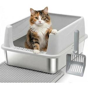Stainless Steel Cat Litter Box with Lid, Metal Litter Box for Small Cats, Low Entry Kitten Litter Boxes with Scoop and Mat, Non-Sticky, Anti-Urine Leakage, Easy Cleaning, M